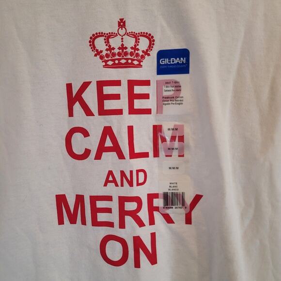 Gildan Keep Calm And Merry On T Shirt Christmas White Adult Medium New NWT - Picture 2 of 6